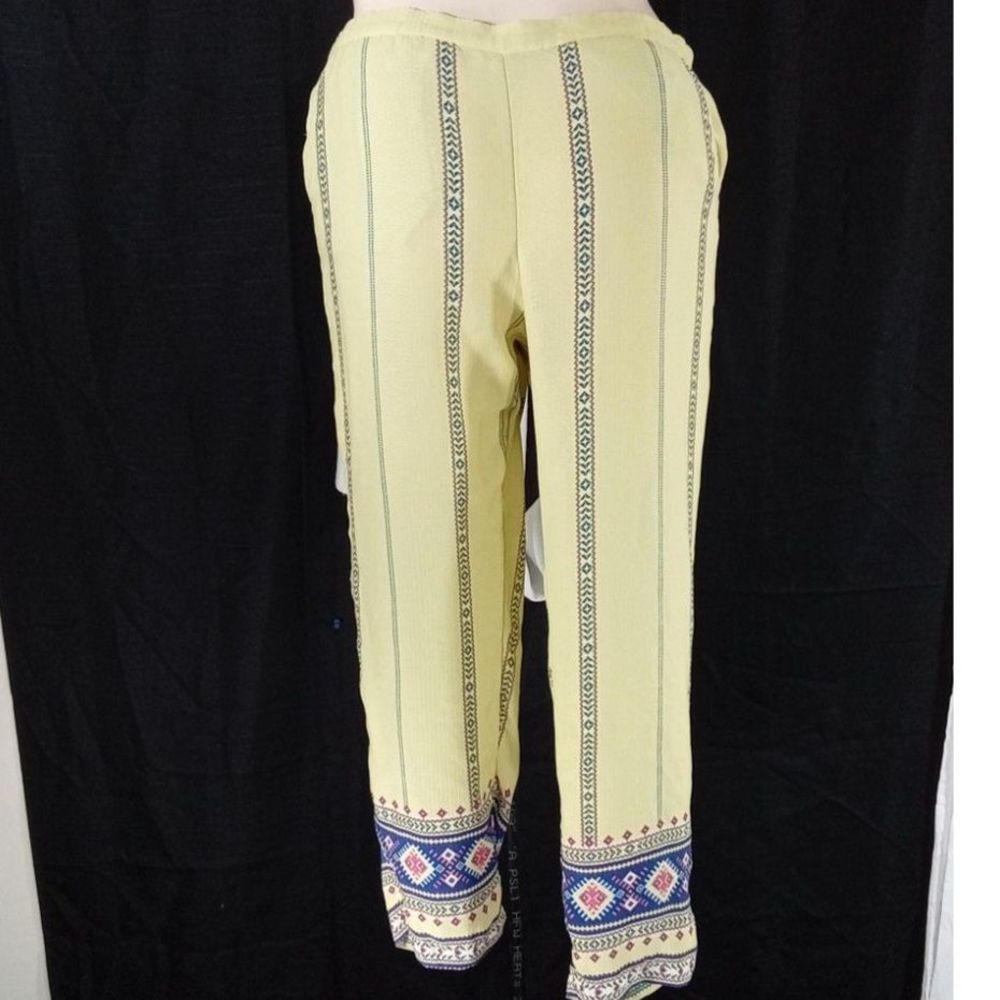 Soft Surroundings Pant L Loud Yellow Blue Pink Geo Stripe Elastic Waist Stretch